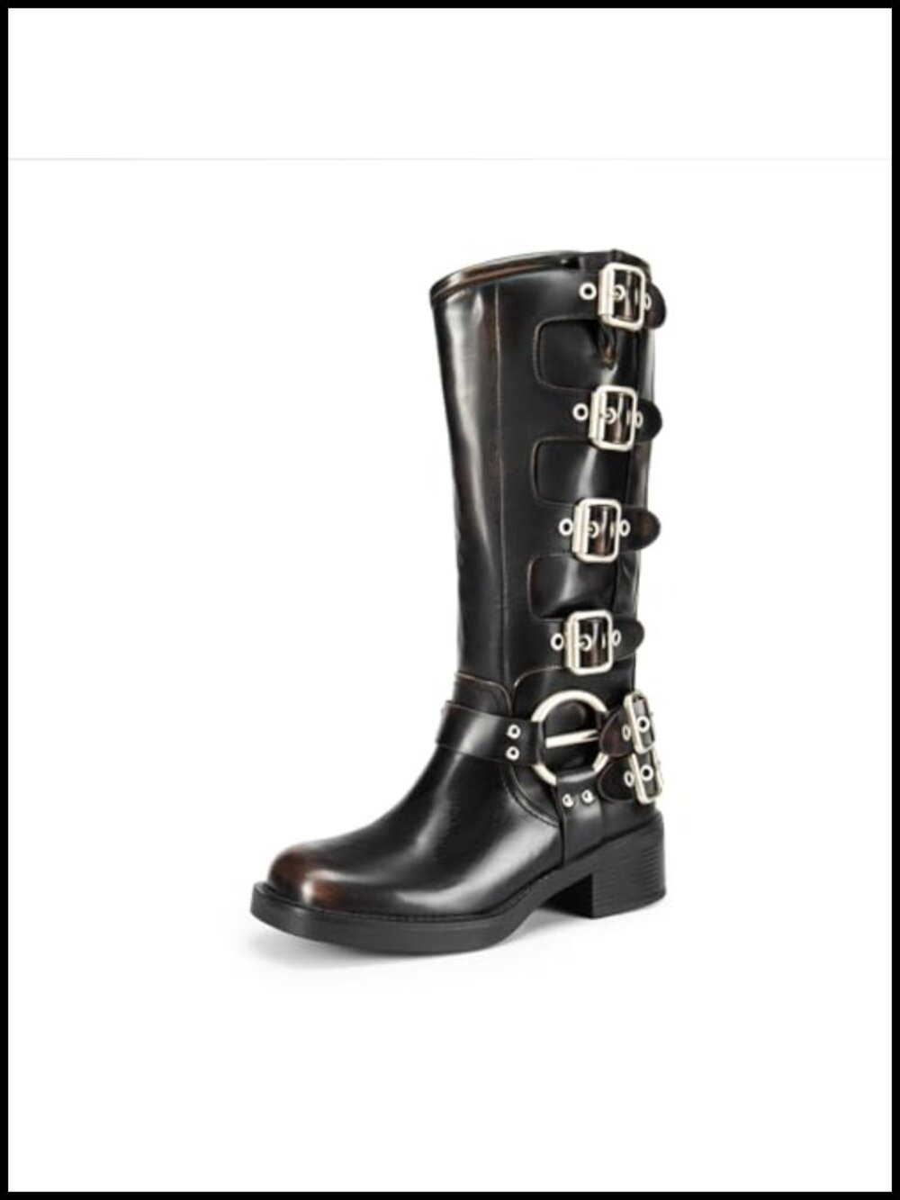Faux Leather Knee High Moto Boots Square Toe Block Heel Buckle Straps